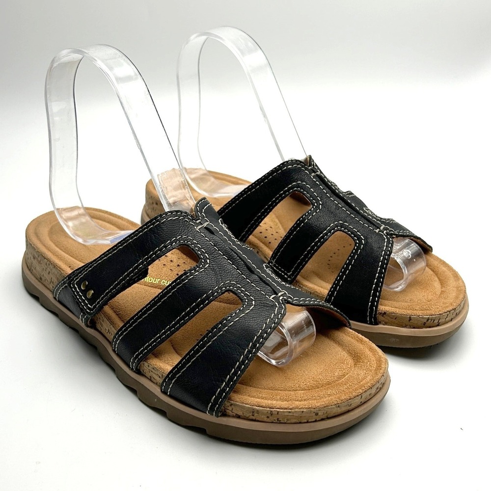 Clarks Yacht Coral Sandals Women's Size 8 Black Leather‎ Comfort Slide Cushioned
